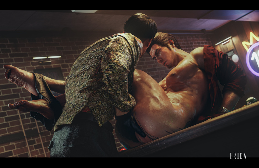 2boys 3d abs ass_tattoo billiard_ball billiard_table billiards black_hair brown_eyes clothed clothed_male clothed_male_nude_male clothes_removed dominant_male dominant_top eruda_rgg fingering fingering_partner gay gay_domination gay_sex human kiryu_kazuma like_a_dragon_(series) lost_bet majima_goro male male/male naked naked_male no_visible_genitalia nude nude_male pecs rgg_studio ryuu_ga_gotoku sega submissive_male yakuza yakuza_(series) yaoi