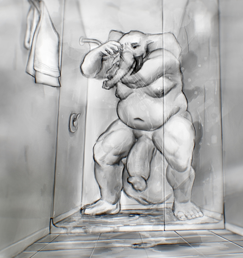 4:3 anthro balls belly big_balls big_penis borzoibeans elephant elephantid genitals hi_res huge_balls hyper hyper_balls hyper_genitalia jakiel_blacktusk macro male male_only mammal moobs nude pachyderm penis proboscidean shower slightly_chubby solo trunk tusks