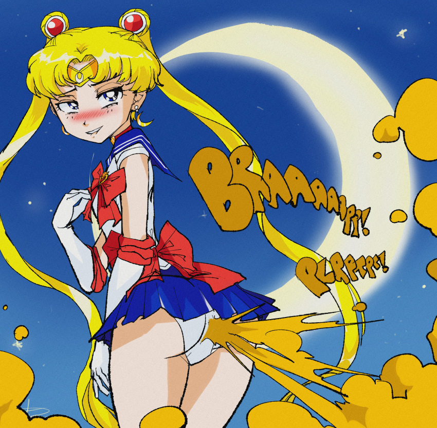 1girls bishoujo_senshi_sailor_moon blonde_hair blush clothing earrings fart fart_cloud fart_fetish farting female female_only magical_girl moon panties sailor_moon sailor_uniform skirt smelly solo solo_female text usagaijin usagi_tsukino yellow_hair