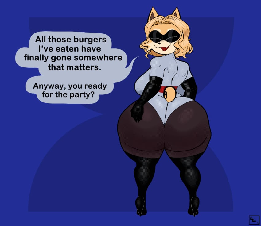 anthro ass back big_ass big_butt canine chika_(kenjo) corgi costume dialogue dog_ears dog_girl dog_tail doge elastigirl_(cosplay) fur furry large_ass lxndxntxwn outfit rear_view shoes tail thick thick_ass thick_thighs wide_hips