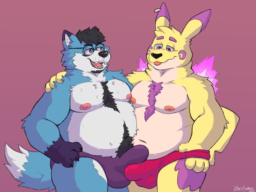 2boys anthro belly belly_hair belly_overhang belly_to_belly blue_body blue_fur body_hair briefs bulge bulge_frottage canid canine canis chest_hair chest_tuft chubby_male clothing colored_fire cookie_(nick-sona) dipstick_ears dipstick_tail duo ear_piercing erect_nipples erection eyewear fan_character fire frottage fur gay generation_1_pokemon glasses head_tuft hi_res inner_ear_fluff male male/male mammal markings moobs multicolored_ears muscular_arms navel nintendo nipples nipples_touching piercing pikachu pokemon pokemon_(species) purple_body purple_fire purple_fur rodraccoon sex sharp_teeth tail tail_markings tan_body tan_fur teeth tuft underwear white_body white_fur wolf yellow_body yellow_fur