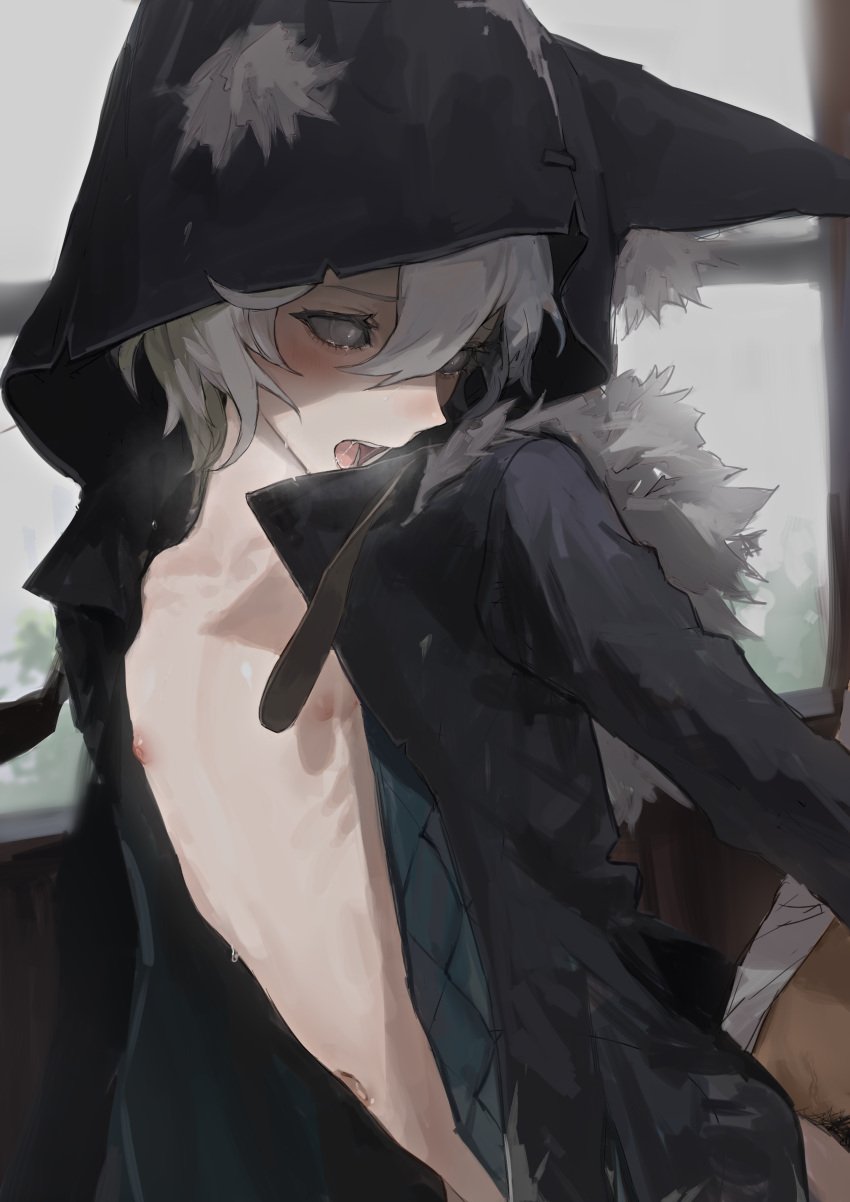 2boys absurdres animal_ear_fluff animal_ear_hood black_jacket black_sclera bottomless colored_sclera femboy hair_between_eyes highres hood hood_up hooded_jacket identity_v ithaqua_(identity_v) jacket jiz_(pffbq) looking_back male male_focus male_only male_pubic_hair multiple_boys nipples open_clothes open_jacket open_mouth otoko_no_ko pubic_hair short_hair sweat tearing_up upper_body window yaoi