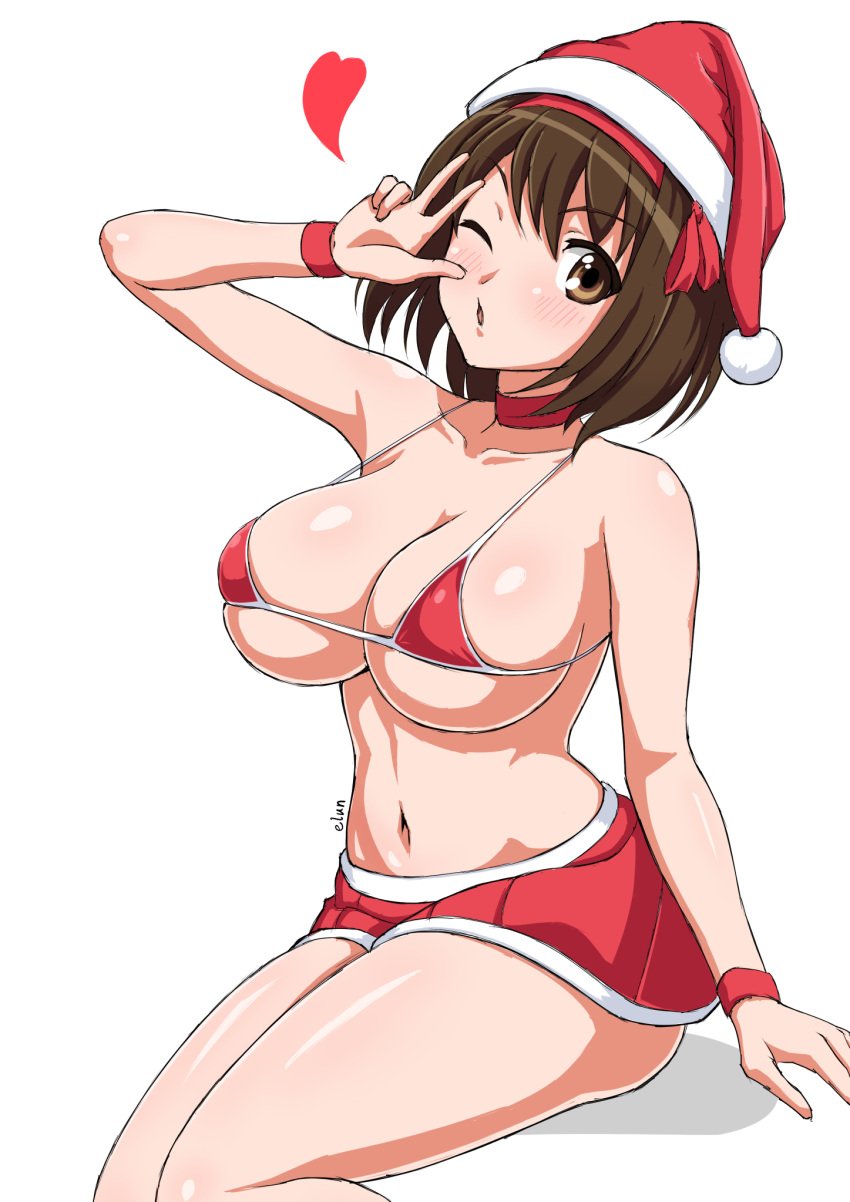 1girls artist_name brown_hair choker christmas christmas_outfit elun_(llelunlun) eyebrows_visible_through_hair female hat heart large_breasts light-skinned_female light_skin looking_at_viewer medium_hair micro_bikini midriff miniskirt navel one_eye_closed open_mouth peace_sign santa_hat shadow simple_background sitting skindentation solo suzumiya_haruhi suzumiya_haruhi_no_yuuutsu text thick_thighs white_background wristband