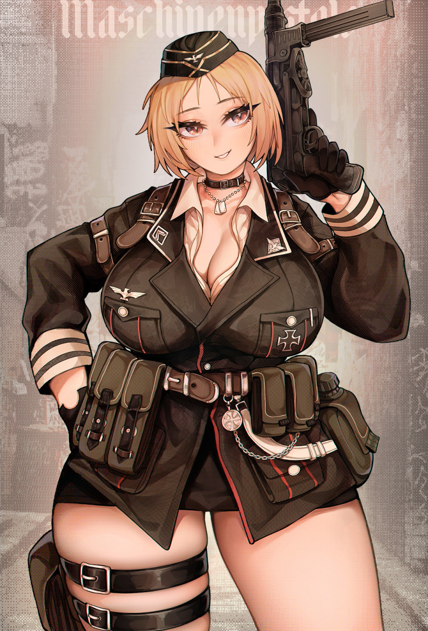 ammunition_pouch black_gloves black_headwear black_jacket black_skirt blonde_hair breasts brown_eyes canteen cleavage collar cowboy_shot cross dog_tags female garrison_cap girls'_frontline gloves gun hand_on_own_hip hand_up hat highres holding holding_weapon huge_breasts iron_cross jacket medium_hair military_uniform mp40 mp40_(girls'_frontline) parted_lips pouch shirt skirt smile solo submachine_gun thigh_strap thighs uni_(oni_unicorn) uniform weapon white_shirt