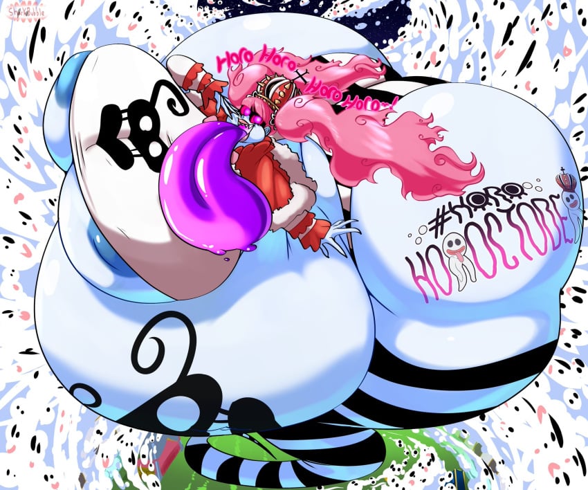 1girls 2d_(artwork) big_ass big_breasts female female_only ghost ghost_girl horohoroctober huge_ass huge_belly hyper_ass laughing one_piece perona sharkbubble watermark