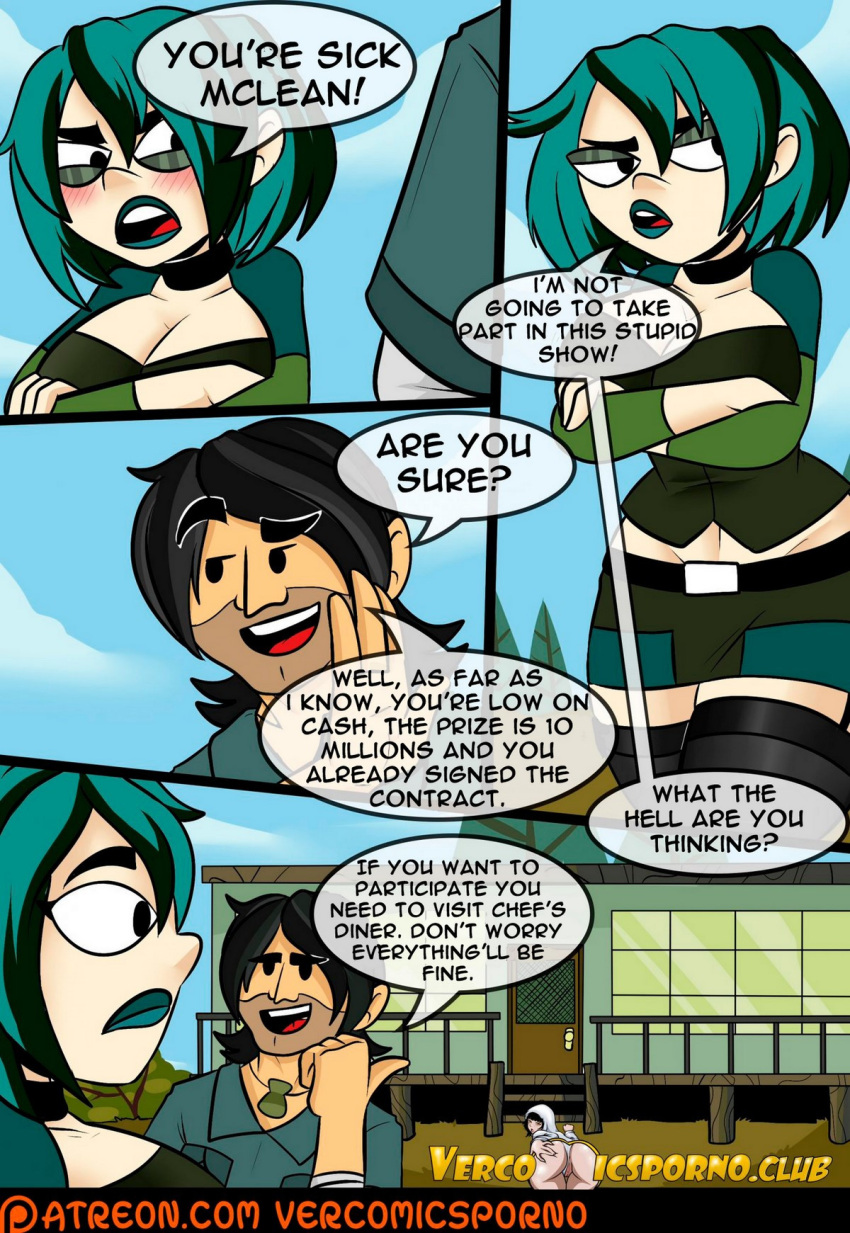 1girls choker chris_mclean comic comic_page dialogue english_text garter_straps goth_girl gwen_(tdi) imminent_sex miniskirt skirt total_drama_(series) total_drama_island vercomicsporno