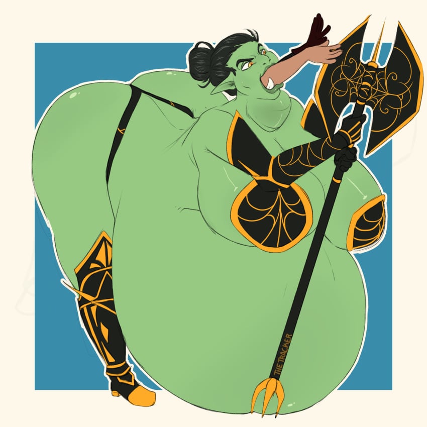 1:1 armor ass axe battle_axe belly big_belly big_breasts big_butt black_hair bloated breasts clothed clothing duo female female/female green_body green_skin hair hair_bun hi_res human humanoid humanoid_pointy_ears knottytracker mammal not_furry open_mouth oral_vore orc skimpy_armor thong tusks unconvincing_armor underwear vore yellow_eyes