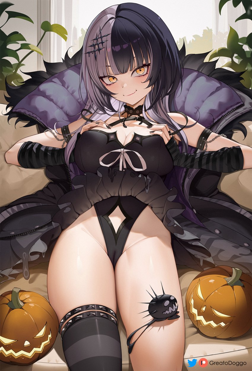 1girls big_breasts black_hair breasts female greatodoggo halloween hi_res hololive hololive_english hololive_english_-advent- large_breasts light-skinned_female light_skin long_hair shiori_novella thick_thighs two_tone_hair virtual_youtuber white_hair yellow_eyes