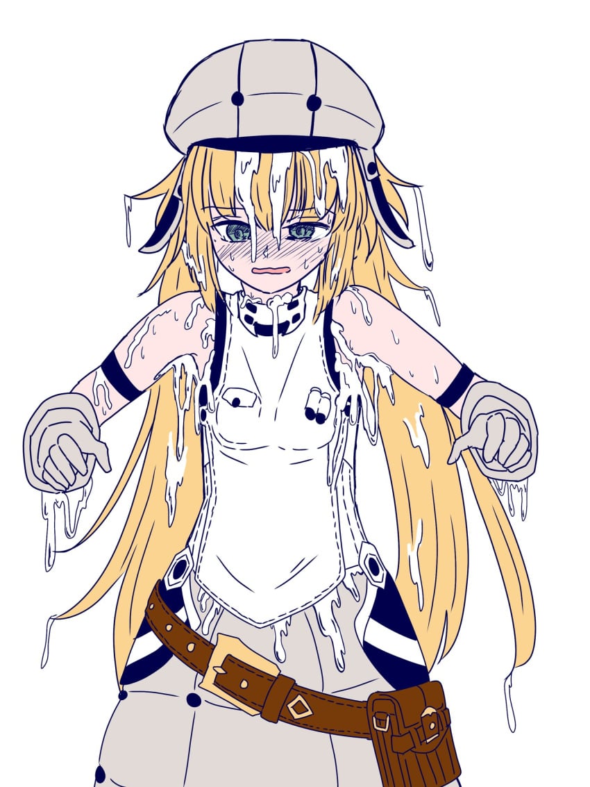 1girls 2d artoria_caster_(fate) artoria_pendragon artoria_pendragon_(caster) blush bukkake color cum cum_in_clothes cum_in_hat cum_in_head cum_in_headwear cum_on_armpit cum_on_body cum_on_hair cum_on_hat cum_on_head cum_on_headwear cum_wearing fate/grand_order fate_(series) female female_focus female_only long_(longdq3008) nervous semen sweat sweatdrop type-moon uncomfortable white_background