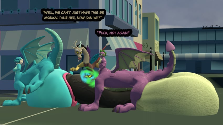 3d 3d_(artwork) anthro antlers chimera claws discord_(mlp) draconequus dragon dragon_taur english_text feet female friendship_is_magic hasbro horn hyper hyper_balls hyper_genitalia hyper_penis hyper_pussy magic male my_little_pony nightsoil penis princess_ember_(mlp) pussy source_filmmaker spike_(mlp) tail taur text transformation