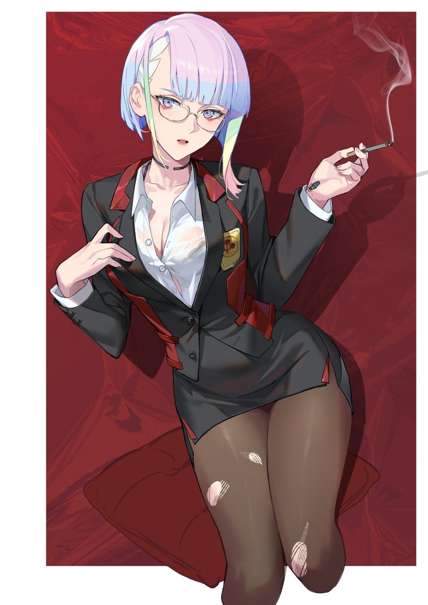 1girls big_breasts cd_projekt_red cigarette cleavage cyberpunk:_edgerunners eyewear female female_only glasses light-skinned_female lucyna_kushinada mumei_(artist) pantyhose ripped_clothing ripped_pantyhose secretary studio_trigger suit thick_thighs