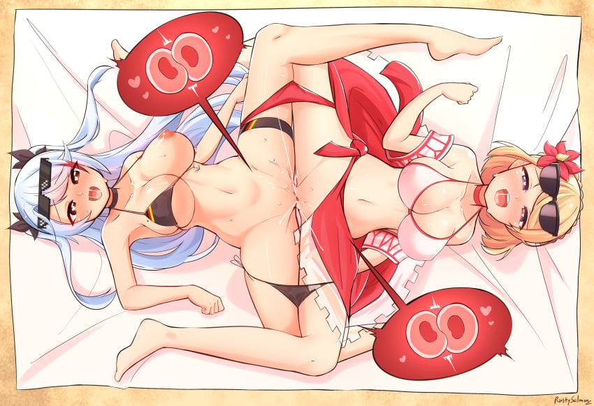 2girls :d absurdres anchor azur_lane barefoot beach beach_mat bikini black_bikini breasts commission couple english_commentary eyewear_on_head female_fertilization female_orgasm fertilization flower from_above full_body glasses hair_ornament heart heart-shaped_pupils highres impregnation large_breasts looking_at_viewer lying mole mole_on_breast multiple_girls navel nipples one_breast_out open_mouth orgasm outdoors ovum pink_bikini prince_of_wales_(azur_lane) prince_of_wales_(sun_shining_upon_windsor)_(azur_lane) prinz_eugen_(azur_lane) prinz_eugen_(unfading_smile)_(azur_lane) public_indecency public_nudity pussy pussy_juice ribbon rustysalmon saliva sand second-party_source smile stomach string_bikini sunglasses swimsuit symbol-shaped_pupils teeth tribadism underwear upper_teeth_only yuri