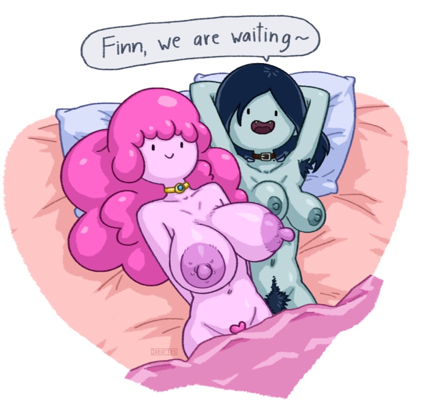 2girls adventure_time armpit_hair arms_behind_head bed black_hair breast_size_difference breasts breasts_bigger_than_head bumpy_areola choker collar daeartes different_breast_sizes excessive_pubic_hair female female_armpit_hair female_focus female_only female_pubic_hair grey_skin hairy_armpits hairy_pussy heart-shaped_pubic_hair huge_areolae huge_breasts implied_threesome jewelry large_areolae large_breasts looking_at_viewer lying lying_on_back lying_on_bed marceline medium_breasts multiple_girls nipples nude nude_female pillow pink_hair pink_nipples pink_skin princess_bubblegum pubic_hair ready_to_fuck short_hair smile smiling smiling_at_viewer speech_bubble waiting