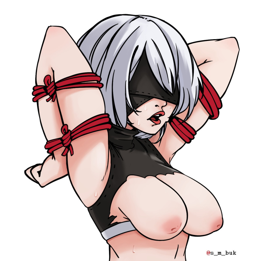 armpits arms_tied blindfold bondage breasts eyes_covered nier:_automata nipples open_mouth smbuk sweat sweatdrop sweating white_hair yorha_2b