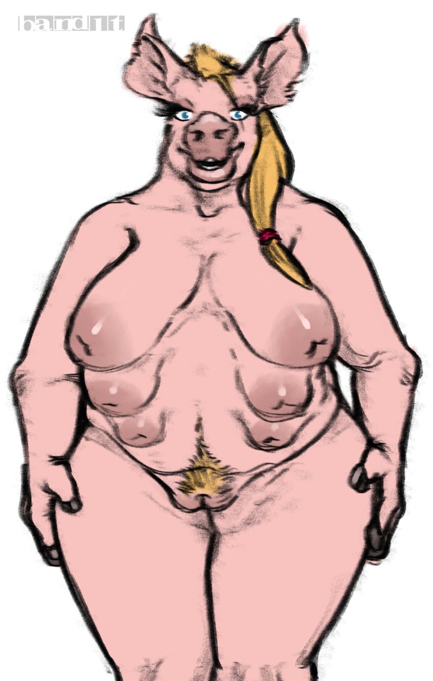 anthro band1tnsfw belly big_breasts blonde_hair blue_eyes body_hair breasts digital_media_(artwork) domestic_pig female female_anthro flat_colors hair happy_trail hi_res lips mammal multi_breast overweight overweight_anthro overweight_female pink_body pink_skin ponytail portrait simple_background sketch solo suid suina sus_(pig) thick_lips thick_thighs white_background