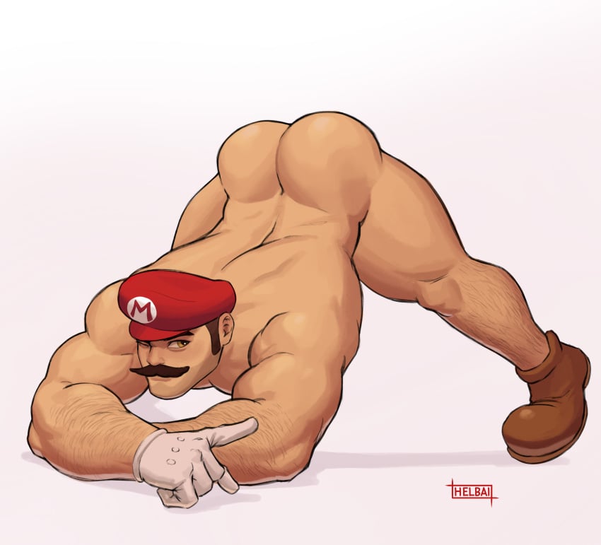 1boy ass ass_up facial_hair gay hat jack-o_pose male male_only mario mario_(series) moustache nintendo no_visible_genitalia nude shoes solo solo_male white_background whyhelbram