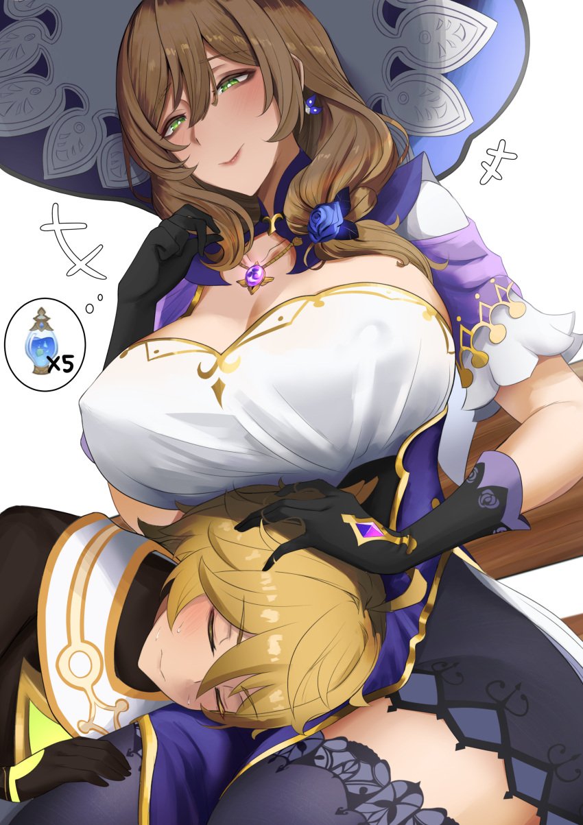 1boy 1girls aether_(genshin_impact) big_breasts bigger_female busty color drawing female genshin_impact hand_on_head hans-kun hat head_on_lap headpat horny_female imminent_sex lap_pillow large_breasts larger_female lisa_(genshin_impact) long_hair male mihoyo mommy_kink resting sleeping smaller_male straight taller_girl thick_thighs visible_nipples voluptuous voluptuous_female white_background wholesome