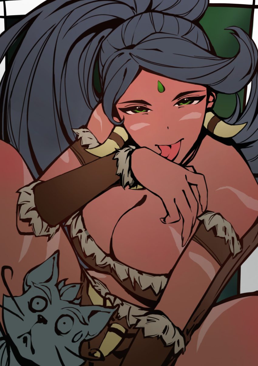 big_breasts black_hair black_hair_female boob_window forehead_jewel gem_on_forehead green_eyes green_eyes_female league_of_legends licking_hand looking_at_viewer nidalee ponytail riot_games skimpy_clothes skimpy_outfit spiralnoww strapless strapless_top strapless_topwear sweatdrop tribal_markings tribal_tattoo tribal_tattoos tube_top yuumi_(lol)