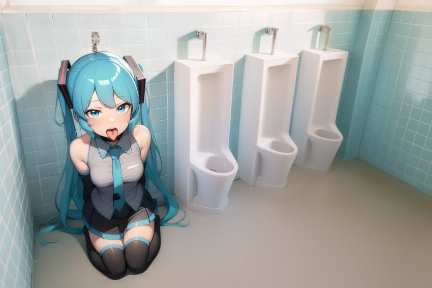 ai_generated aqua_eyes aqua_hair bare_shoulders brittle chained_to_wall collar detached_sleeves grey_shirt hair_ornament hatsune_miku indoors kneeling long_hair necktie on_floor open_mouth pleated_skirt restrained sitting sleeveless stable_diffusion thighhighs tile_wall toilet tongue twintails urinal