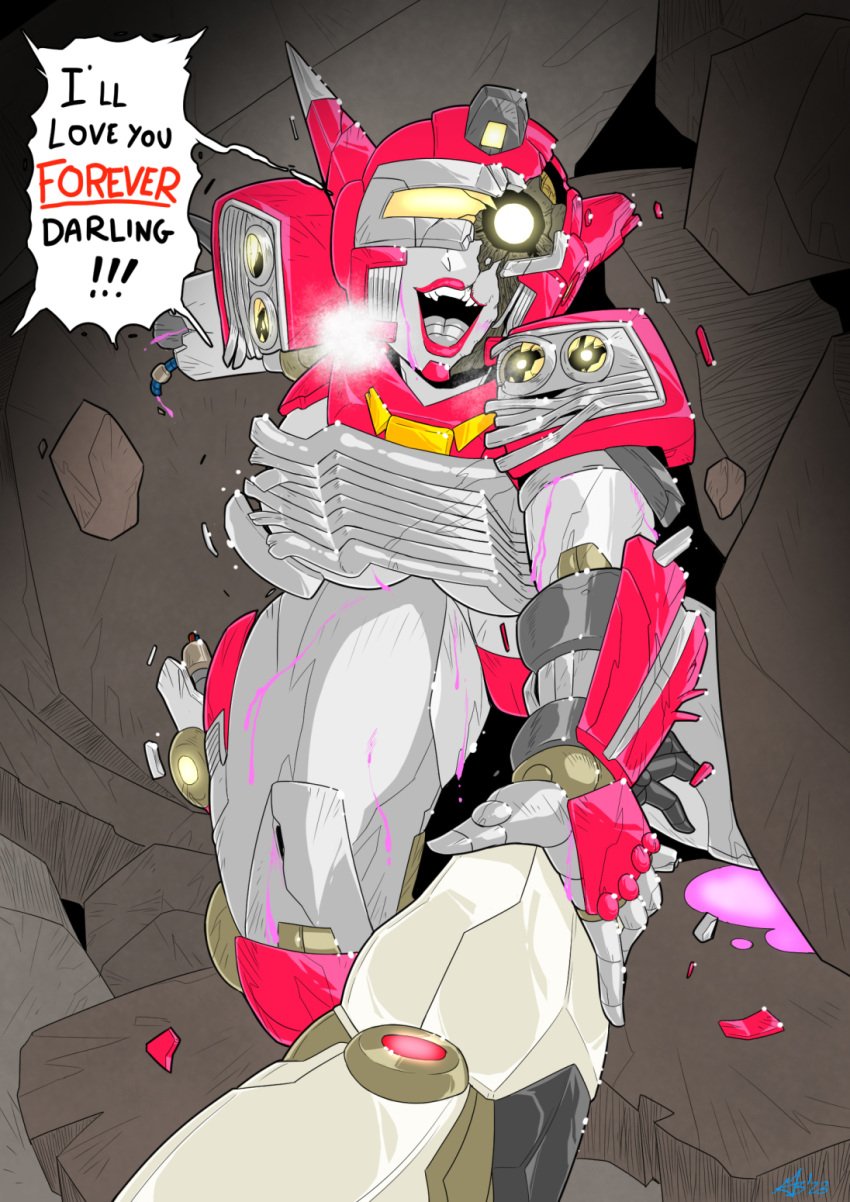 battle_damage christine_(film) christine_(stephen_king) crossover cybertronian damaged female glowing_eye grabbing_arm insane mad-project missing_arm obsessed oc pink_blood red_armor red_lips screaming stephen_king transformers underboob yandere