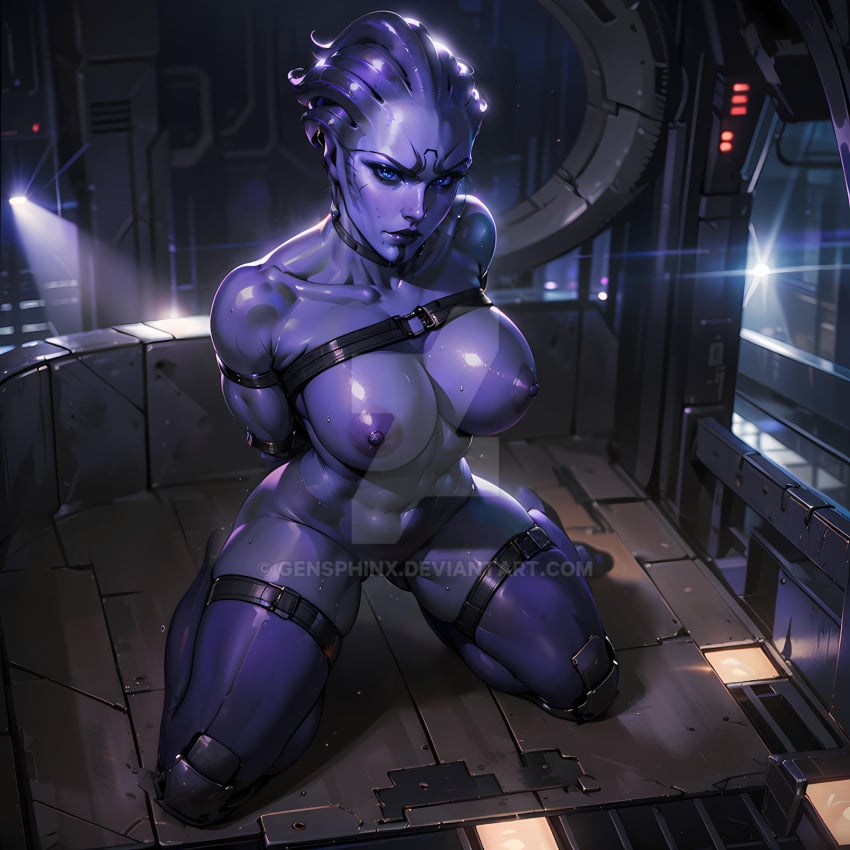 1girls ai_generated aria_t'loak arms_behind_back arms_tied_behind_back asari big_breasts blue_eyes bondage captured female female_only gensphinx imminent_rape imminent_sex kneeling mass_effect mass_effect_2 mass_effect_3 purple_skin restrained slave slavegirl solo sweat sweaty_skin thigh_highs thighhighs