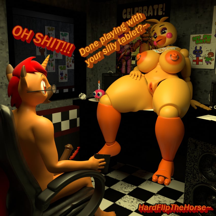 1:1 3d_(artwork) animal_genitalia animal_penis animatronic anthro big_breasts blender_(software) blender_cycles breasts chair dialogue digital_media_(artwork) duo english_text equid equine equine_genitalia equine_penis erection eyewear fan_character female five_nights_at_freddy's five_nights_at_freddy's_2 furniture genitals glasses hardflip hardflipthehorse hasbro hi_res horn looking_at_another machine male male/female mammal my_little_pony nipple_piercing nipples nude on_chair open_pussy penis piercing poster pussy robot scottgames security shocked shocked_expression sitting sitting_on_chair sitting_on_desk spread_legs spread_pussy spreading surprise text thick_thighs toy_chica_(fnaf) unicorn