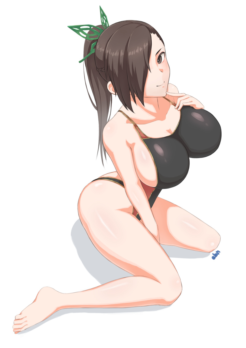 1girls artist_name black_eyes black_one-piece_swimsuit black_swimsuit brown_hair cleavage elun_(llelunlun) female fire_emblem fire_emblem_fates fire_emblem_heroes hair_ornament hair_over_one_eye kagero_(fire_emblem) kagero_(resplendent)_(fire_emblem) kneeling large_breasts light-skinned_female light_skin long_hair looking_at_viewer looking_up one-piece_swimsuit shadow sideboob smile solo swimsuit