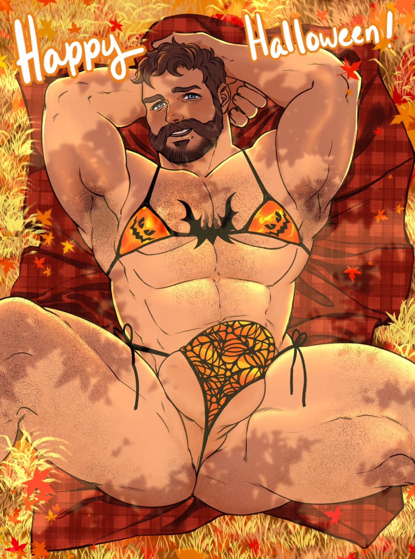 1boy abs armpit_hair armpits ass balls ballsack bara beard bent_over blue_eyes body_hair bra brown_hair call_of_duty captain_price chest_hair come_hither facial_hair feet_out_of_frame from_above hairy_male happy_halloween highres human jack-o'-lantern_print john_price large_pectorals large_testicles leg_hair looking_at_viewer majormelon1 male male_only manly mature_male muscles muscular_male mustache mutton_chops navel_hair orange_bra orange_panties panties pecs pectorals perineum presenting print_bra print_panties scrotum semi-erect short_hair solo spread_legs strongman_waist testicles thick_eyebrows thick_mustache thick_thighs thighs uncensored undersized_clothes underwear