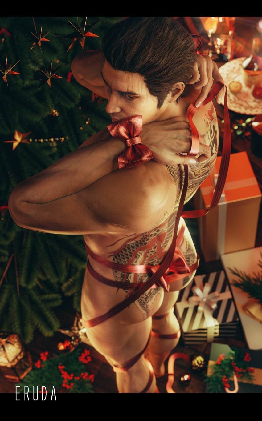 1boy 1human 3d black_hair brown_eyes christmas christmas_ribbon christmas_tree eruda_rgg gift_wrapped happy_holidays holidays kiryu_kazuma male male_focus male_only merry_christmas muscles muscular muscular_male naked nude nude_male presents ryuu_ga_gotoku sega solo solo_male tattoos yakuza_(series)