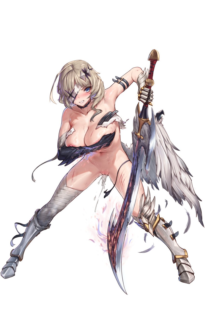 ahoge armor bandage_over_one_eye blonde_hair blue_eyes breasts covering covering_breasts cum cumdrip feathered_wings female greaves hair_ornament highres holding holding_sword holding_weapon large_breasts low_wings original padoruu single_thighhigh solo sword thighhighs weapon white_background wings x_hair_ornament