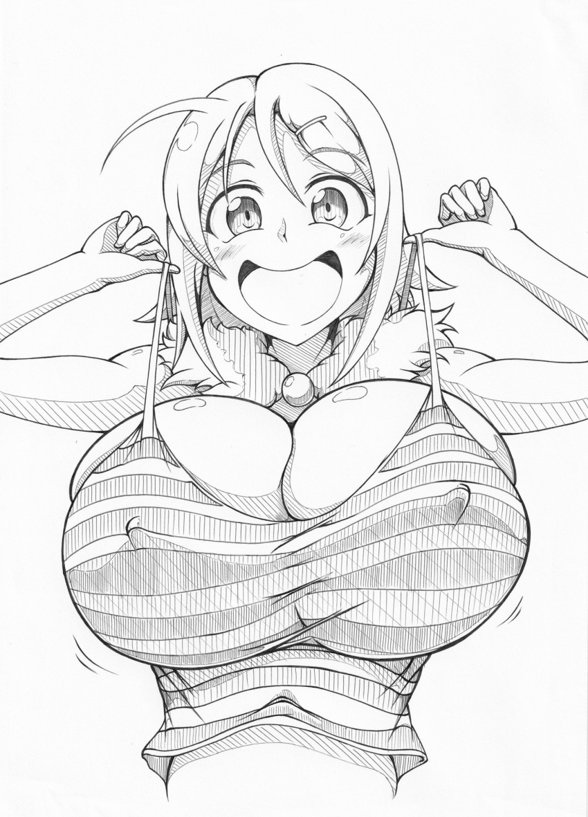 1girls ahoge arms_up eyebrows_visible_through_hair female front_view ha_jin hanabi_(senran_kagura) huge_breasts impossible_clothes jiggle light-skinned_female light_skin looking_at_viewer monochrome motion_lines nipple_bulge open_mouth pencil_(artwork) senran_kagura sidelocks simple_background skindentation smile solo white_background