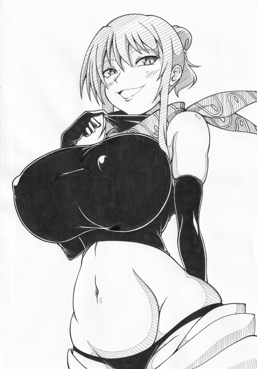 crop_top ha_jin huge_breasts light-skinned_female light_skin long_gloves looking_down medium_hair midriff monochrome navel nipple_bulge panties pencil_(artwork) ponytail rin_(senran_kagura) scarf senran_kagura sidelocks slit_pupils smile suzune_(senran_kagura)