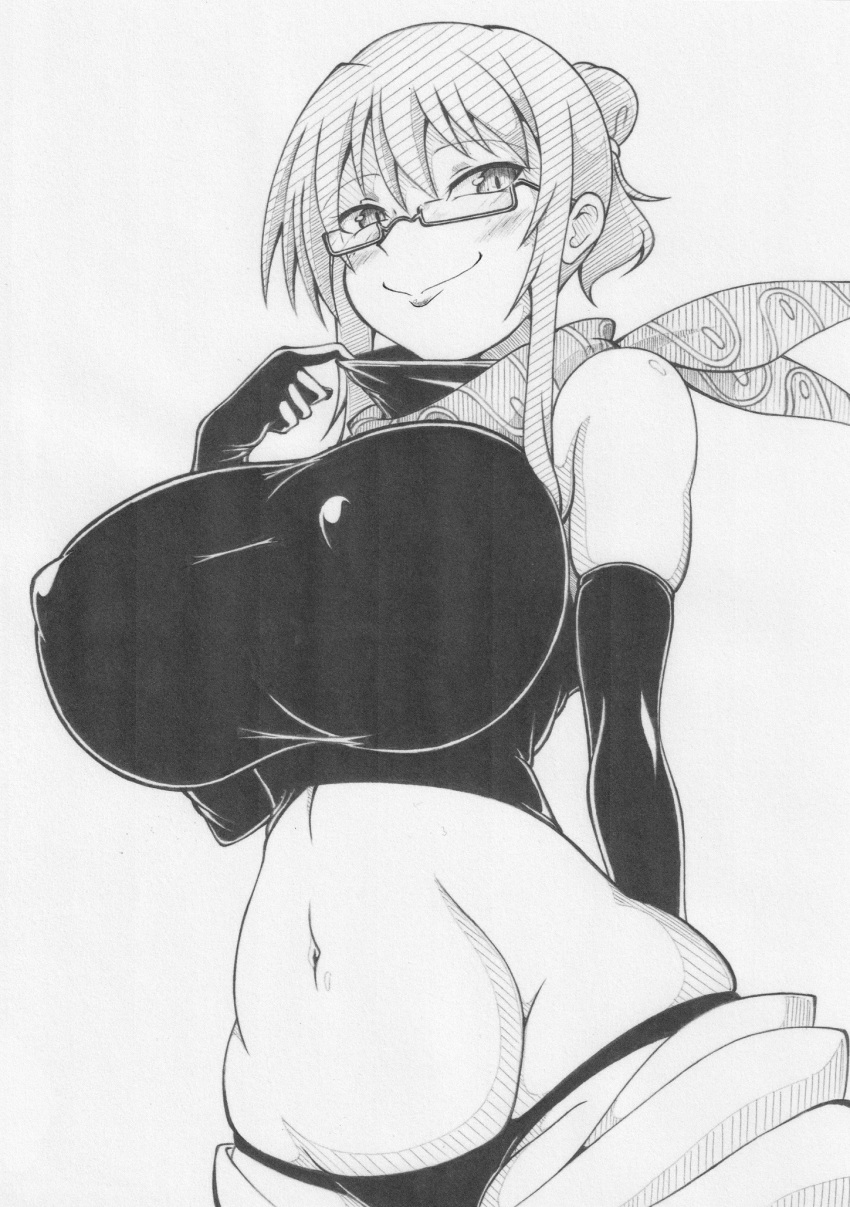 crop_top ha_jin huge_breasts light-skinned_female light_skin long_gloves looking_down medium_hair midriff monochrome navel nipple_bulge panties pencil_(artwork) ponytail rin_(senran_kagura) scarf senran_kagura sidelocks slit_pupils smile suzune_(senran_kagura)