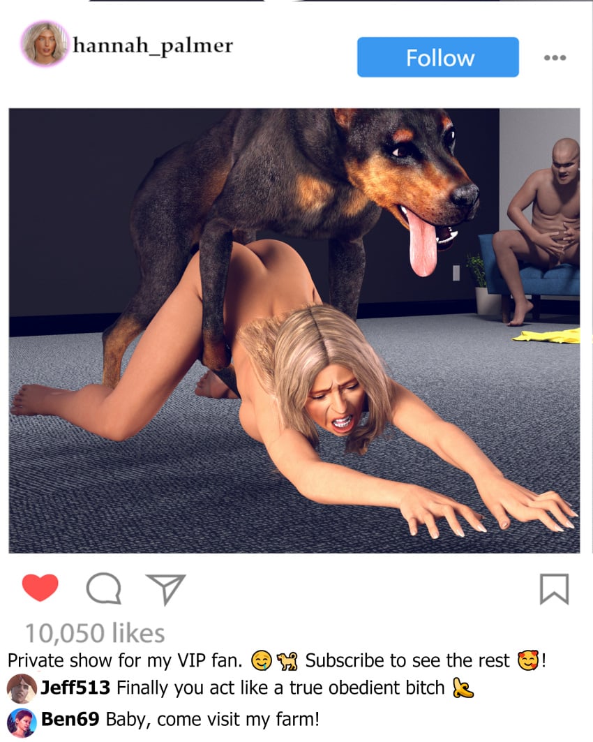 3d big_breasts blonde_female blonde_hair canine commentary comments daz_studio dobermann doggy_style from_behind_position hannah_palmer indoors instagram jollybizz model modelling onlyfans pain penetration pounding sex slim_waist social_media text zoophilia