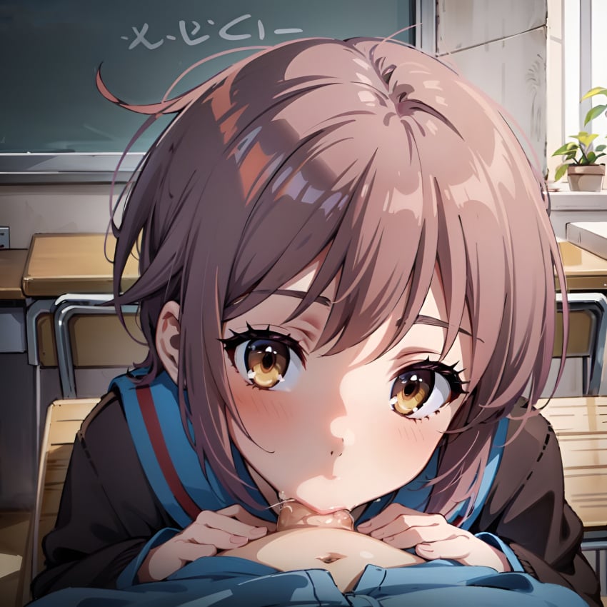 1girls ai_generated arbitrary blowjob brown_eyes brown_hair cardigan classroom cute deepthroat eye_contact fellatio female hi_res looking_at_viewer nagato_yuki oral petite pov purple_hair school school_uniform schoolgirl short_hair stable_diffusion suzumiya_haruhi_no_yuuutsu teenager tight_throat yellow_eyes young