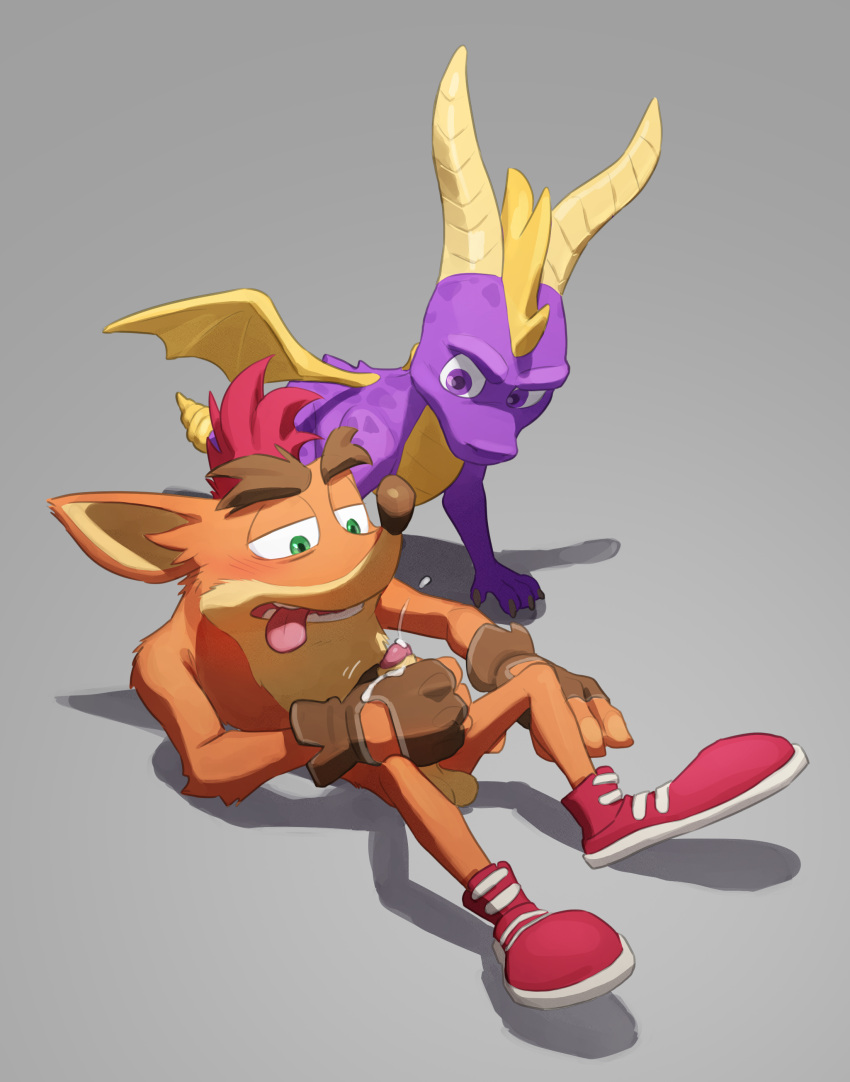 2023 2boys absurd_res activision anthro balls bandicoot biped blush bodily_fluids brown_clothing brown_eyebrows brown_gloves brown_handwear claws clothing crash_(series) crash_bandicoot crossover cum cum_on_hand cum_on_own_hand cum_on_self cumshot digital_media_(artwork) duo ejaculation erection exposed_torso eyebrows feral fingerless_gloves footwear fur genital_fluids genitals glans gloves green_eyes grey_background hair handwear hi_res horn humanoid_genitalia humanoid_penis male male/male male_only mammal marsupial masturbation membrane_(anatomy) membranous_wings multicolored_body multicolored_fur orange_body orange_fur penile penile_masturbation penis pink_glans pngx_(artist) purple_body purple_eyes quadruped red_clothing red_footwear red_hair red_shoes shoes simple_background spyro spyro_the_dragon tan_balls tan_body tan_fur tan_inner_ear tan_penis thick_eyebrows toe_claws tongue tongue_out two_tone_body two_tone_fur wings yellow_body yellow_horn yellow_membrane