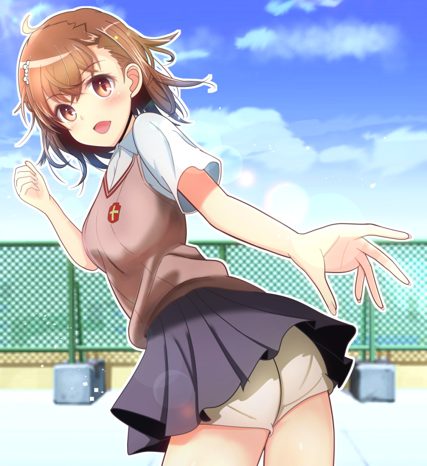 1girls 2020s 2023 ass blush brown_eyes brown_hair cloud day female flower from_behind hair_flower hair_ornament kumaisao leaning_forward looking_at_viewer looking_back matching_hair/eyes miniskirt misaka_mikoto modesty_shorts open_mouth outdoors school_uniform schoolgirl short_hair shorts shorts_under_skirt skirt sky smile solo standing teenage_girl teenager thighs to_aru_kagaku_no_railgun to_aru_majutsu_no_index tokiwadai_school_uniform young