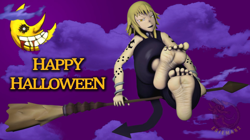 1080p 1girls 2020s 2023 barefoot blonde_hair broom broom_riding clothed feet female_focus femdom foot_fetish grin halloween_2023 hi_res image medusa_gorgon moon photoshop render sfm snake_tattoo soles soul_eater source_filmmaker tail tattoo tattoo_on_arm teasing teasing_viewer text toes witch wrinkled_feet wrinkled_soles wrinkles