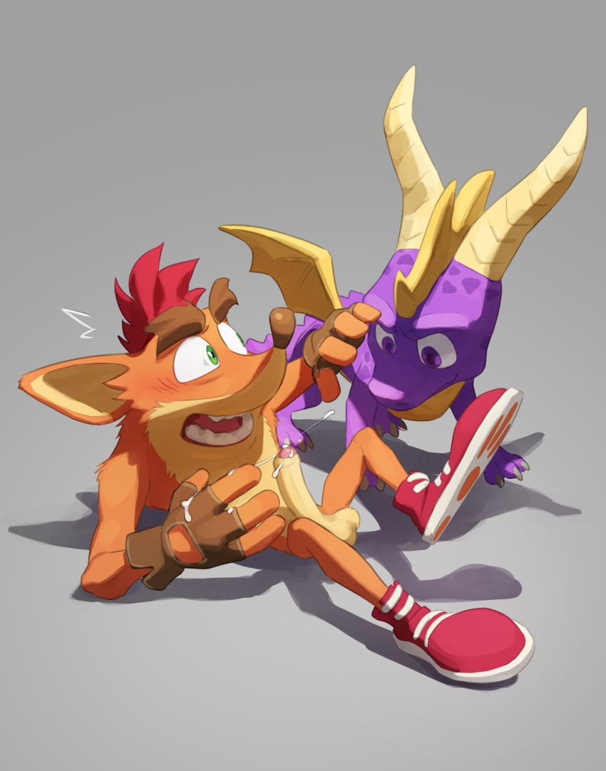 2023 2boys absurd_res activision anthro balls bandicoot biped blush bodily_fluids brown_clothing brown_eyebrows brown_gloves brown_handwear caught caught_masturbating claws clothing crash_(series) crash_bandicoot crossover cum cum_on_hand cum_on_own_hand cum_on_own_penis cum_on_penis cum_on_self digital_media_(artwork) duo erection exposed_torso eyebrows feral fingerless_gloves footwear foreskin fur gay genital_fluids genitals glans gloves green_eyes grey_background hair handwear hi_res horn humanoid_genitalia humanoid_penis male male/male male_only mammal marsupial membrane_(anatomy) membranous_wings multicolored_body multicolored_fur orange_body orange_fur penis pink_glans pngx_(artist) purple_body purple_eyes quadruped red_clothing red_footwear red_hair red_shoes shoes simple_background spyro spyro_the_dragon surprised_expression tan_balls tan_body tan_fur tan_inner_ear tan_penis thick_eyebrows toe_claws two_tone_body two_tone_fur video_games wings yellow_body yellow_horn yellow_membrane