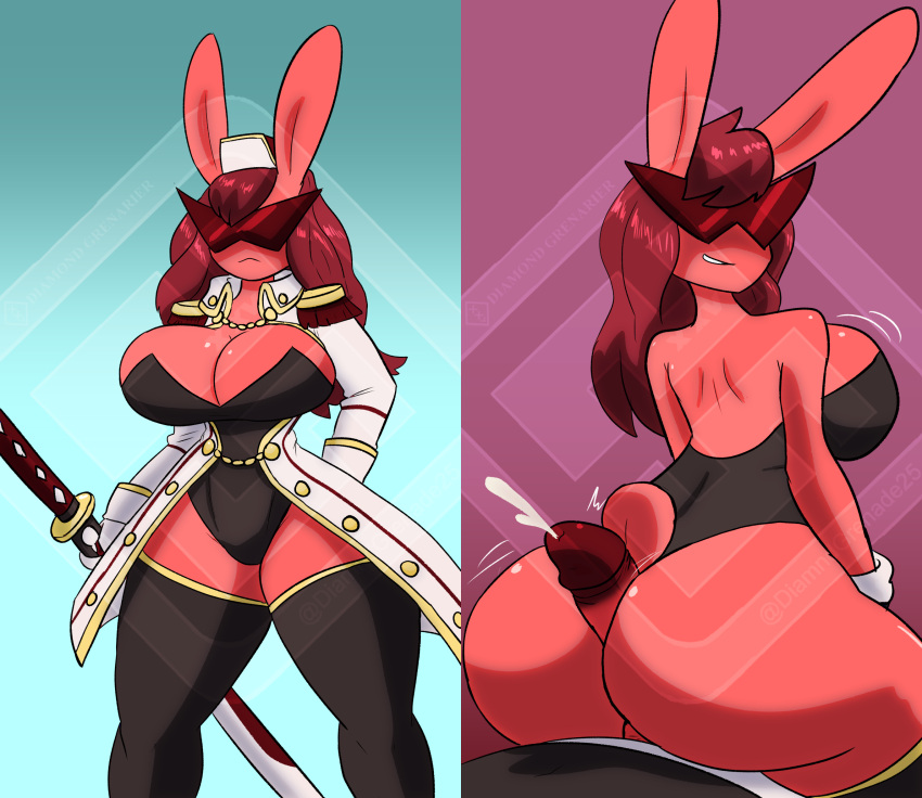 anthro ass big_breasts big_butt bodily_fluids breasts bunny_costume buttjob buttjob_over_clothes clothed clothed_sex clothing costume covered_buttjob cum curvy_figure diamond_grenadier duo ejaculation eliza_(averyshadydolphin) eyewear female genital_fluids glasses hat headgear headwear hi_res hot_dogging hourglass_figure lagomorph leporid male male/female mammal melee_weapon military_cap military_jacket outercourse rabbit sex sheathed_sword sheathed_weapon skimpy sword weapon