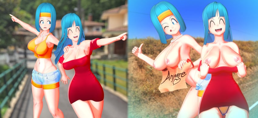 2girls 3d 3d_model :p banchouforte bare_breasts blender blue_eyes blue_hair bulma_briefs bulma_briefs_(bojack_movie) dragon_ball dragon_ball_z exposed_breasts female flashing_breasts happy hitchhiking maron teasing wink