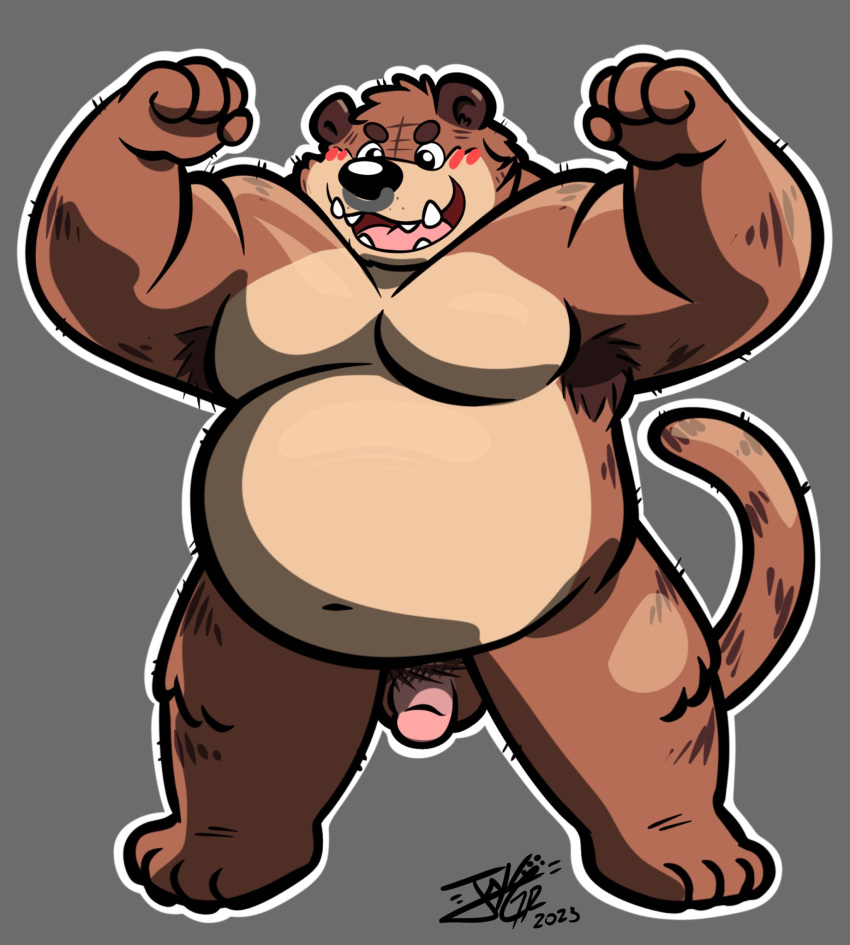 2023 anthro balls belly big_belly black_nose blush felid feline genitals hi_res jakegr male mammal moobs overweight overweight_male penis simple_background solo