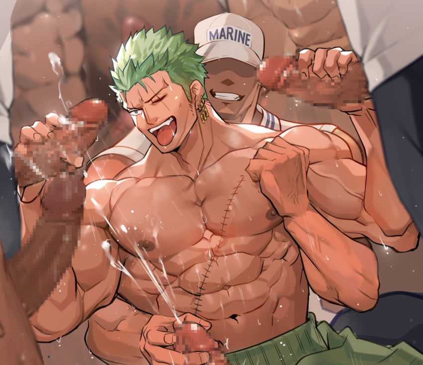 6+boys abs bara biceps bulge censored cum double_handjob earrings faceless faceless_male facial gangbang gay green_hair group_sex handjob hi_res highres jewelry large_pectorals male male/male male_focus male_only marine_(one_piece) marine_uniform_(one_piece) mature_male mosaic_censoring multiple_boys muscular muscular_male navel nikism nipples one_eye_closed one_piece pectorals post-timeskip projectile_cum reach-around roronoa_zoro scar scar_across_eye scar_on_chest short_hair sideburns sideburns_stubble solo_focus sousuke000 stitches stomach sweat tongue tongue_out topless topless_male veins veiny_arms very_sweaty yaoi