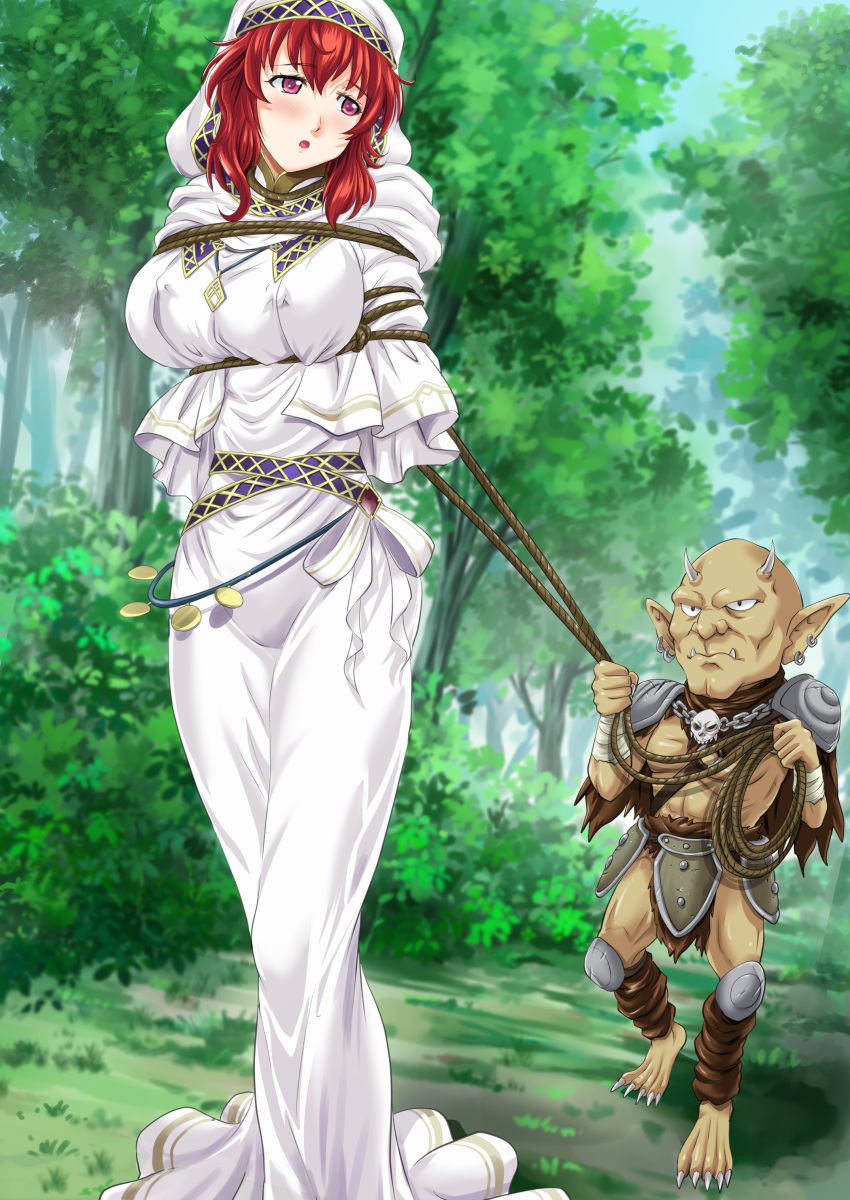 1boy 1girls absurdres alternate_version_available bangs belly_chain belt blue_belt blush bondage bound breasts cape covered_nipples cowboy_shot dress female femsub fire_emblem fire_emblem:_mystery_of_the_emblem fire_emblem:_shadow_dragon_and_the_blade_of_light forest frown goblin highres hood hooded_cape jewelry large_breasts leash lena_(fire_emblem) looking_at_viewer looking_back male maledom medium_hair nao_takami nature nintendo nipple_bulge nun open_mouth outdoors pink_eyes purple_eyes red_hair rope rope_bondage standing sweat white_cape white_dress