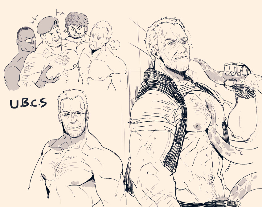 4boys abs bara bare_pectorals clothes_lift facial_hair fingerless_gloves gloves grabbing greyscale highres large_pectorals male_focus male_only mature_male monochrome multiple_boys muscular muscular_male navel nikolai_zinoviev nipples no_visible_genitalia pectoral_grab pectorals resident_evil resident_evil_ resident_evil_3 rybiok shirt shirt_lift short_hair smile tentacle tentacles_on_male tentacles_under_clothes white_hair yaoi