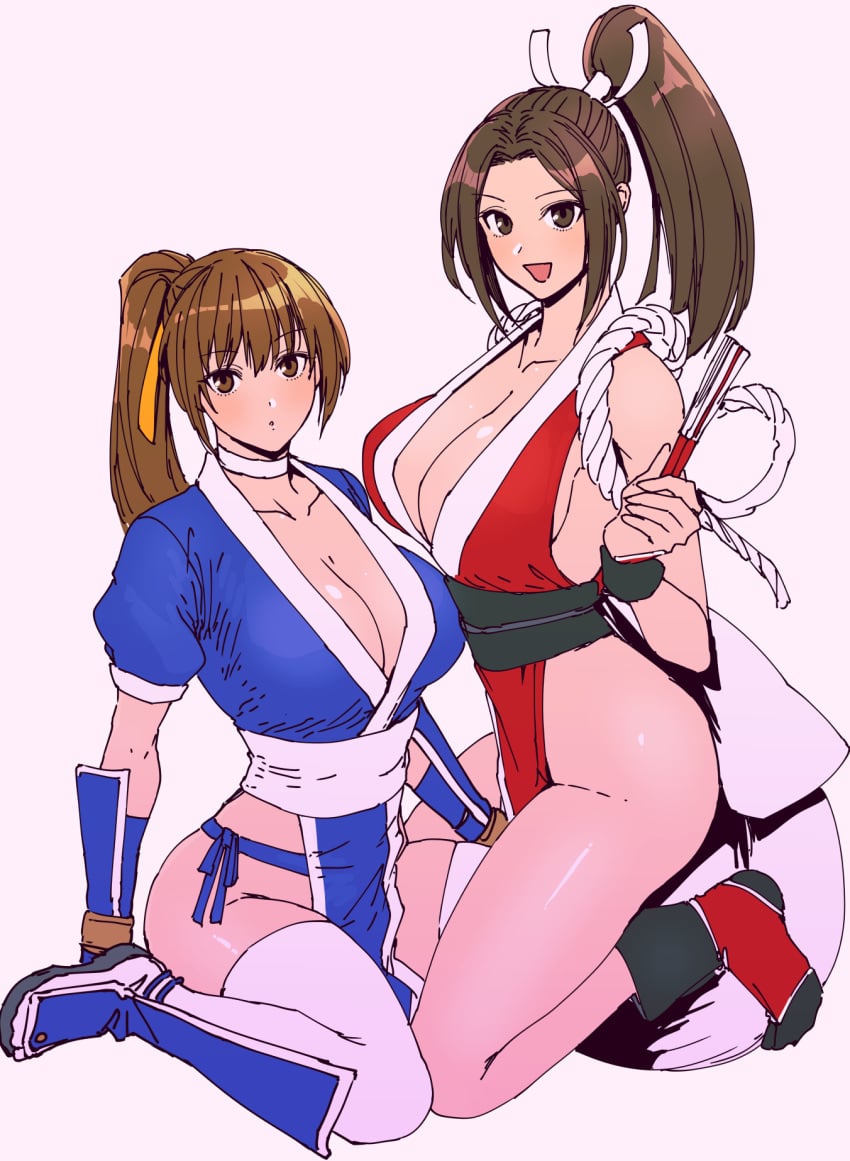 2girls breasts brown_eyes brown_hair choker cleavage crossover dead_or_alive fatal_fury female_focus hair_ribbon hand_fan highres holding holding_fan iwamoto_eiri kasumi_(doa) king_of_fighters kneeling large_breasts long_hair looking_at_viewer mai_shiranui matching_hair/eyes multiple_girls naked_under_clothes ninja no_bra no_panties no_underwear nude_underneath open_mouth pelvic_curtain ponytail ribbon short_sleeves sideboob sitting sleeveless smile snk tecmo thighhighs trait_connection white_choker white_thighhighs yellow_ribbon