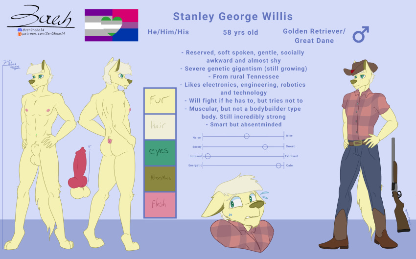 2023 absurd_res animal_genitalia animal_penis anthro ass balls belt big_penis bird_dog bisexual_pride_colors blonde_hair bodily_fluids boots bottomwear canid canine canine_genitalia canine_penis canis clothed clothing cowboy cowboy_boots cowboy_hat denim denim_clothing discord_(app) discord_logo discord_username domestic_dog english_text erection flannel flat_colors footwear fully_sheathed fur gender_symbol genitals golden_retriever grayromantic_pride_colors great_dane green_eyes greysexual_pride_colors gun hair hands_on_hips hat headgear headwear hi_res hunting_dog jeans lgbt_pride male male_only male_symbol mammal mastiff mature_male mixed_breed model_sheet molosser muscular muscular_male nervous nipples nude pants patreon patreon_logo patreon_url paws penis pride_colors ranged_weapon retriever sheath shirt shotgun solo standing stanley_(zer0rebel4) sweat symbol tall text topwear url weapon yellow_body yellow_fur zer0rebel4