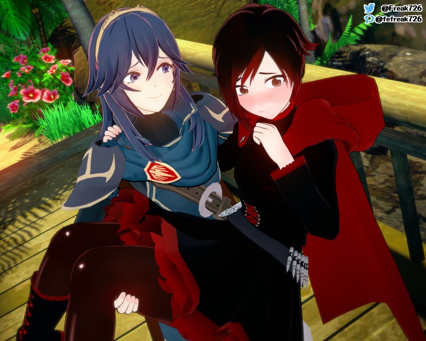 2girls 3d black_eyes black_hair blue_eyes blue_hair blush breasts bridge cape carrying carrying_partner crossover dress eastern_and_western_character embarrassed fefreak726 female female_only fire_emblem fire_emblem_awakening flower hair_between_eyes lake looking_away lucina_(fire_emblem) medium_breasts multicolored_hair multiple_girls nintendo outdoors princess_carry red_hair ruby_rose rwby short_hair small_breasts smile symbol-shaped_pupils tiara water yuri