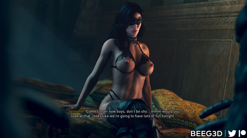 1girls 3boys 3d beeg3d big_penis black_hair boots breasts cd_projekt_red choker dark-skinned_male female group huge_cock interracial light-skinned_female lingerie male mask masked masked_female nipples nude nude_male on_bed orgy penis purple_eyes seductive seductive_look seductive_smile the_witcher_(series) the_witcher_3:_wild_hunt yennefer