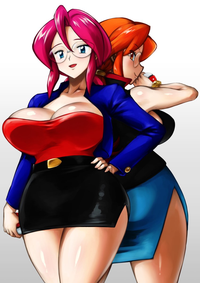 2girls alternate_version_available back backboob big_breasts black_skirt blue_eyes bottomwear breasts brown_eyes cleavage eyewear female female_only game_freak hair hand_on_hip hips huge_breasts kyugata looking_back lorelei_(pokemon) lorelei_(pokemon_anime) lorelei_(pokemon_frlg) mature mature_female orange_hair pencil_skirt pokeball pokemon pokemon_frlg red_hair skirt smile thighs topwear